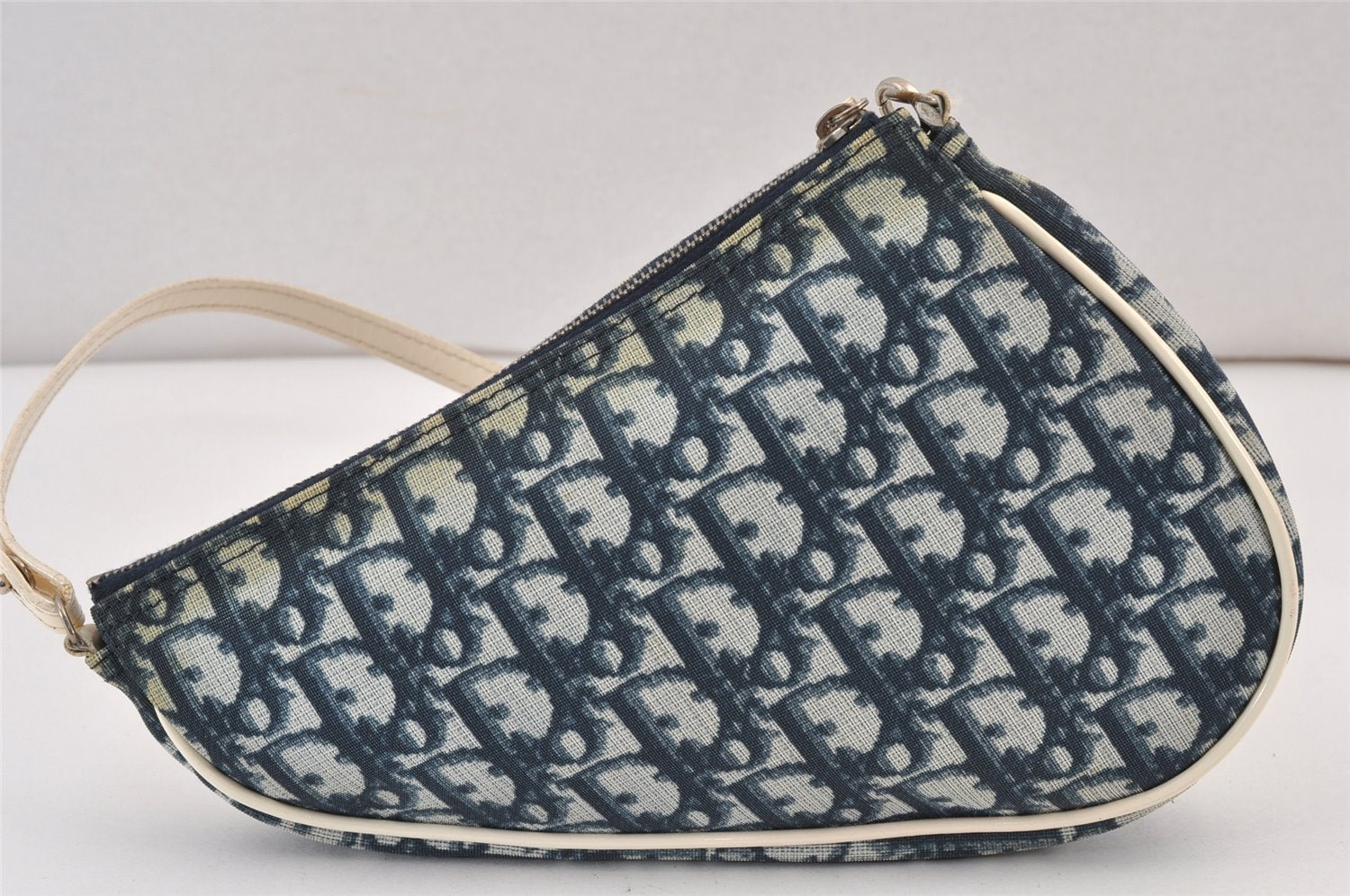 Authentic Christian Dior Trotter Saddle Shoulder Hand Bag PVC Enamel Blue 1104K