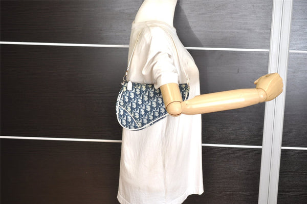 Authentic Christian Dior Trotter Saddle Shoulder Hand Bag PVC Enamel Blue 1104K
