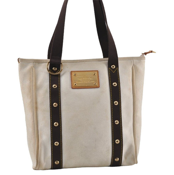 Authentic Louis Vuitton Antigua Cabas MM Tote Bag White Brown M40036 LV 1105J