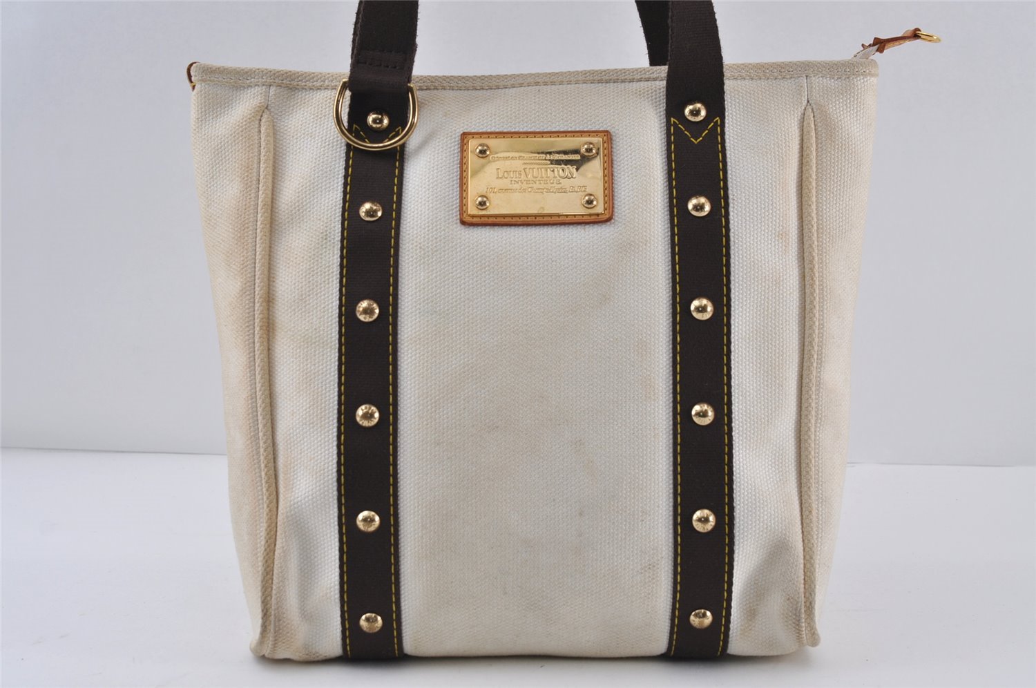 Authentic Louis Vuitton Antigua Cabas MM Tote Bag White Brown M40036 LV 1105J