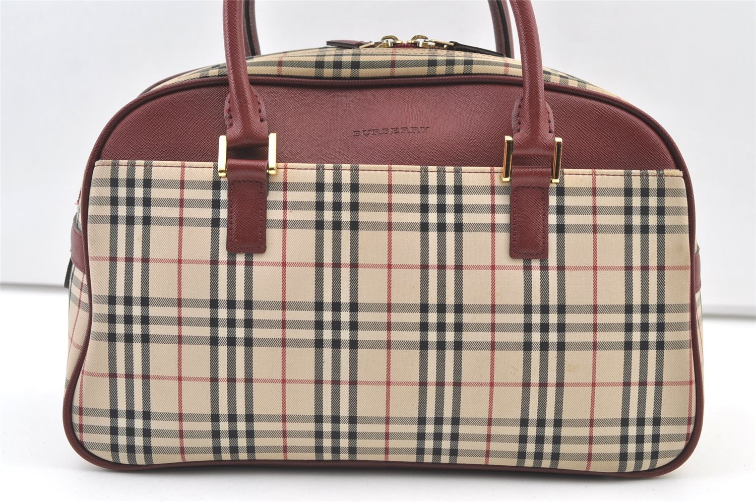 Authentic BURBERRY Vintage Nova Check Canvas Leather Hand Boston Bag Beige 1107K
