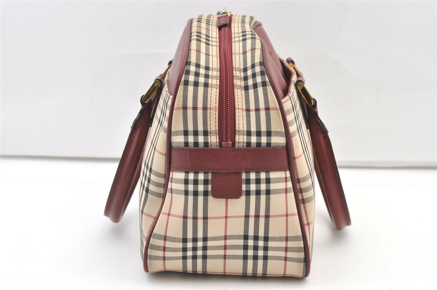 Authentic BURBERRY Vintage Nova Check Canvas Leather Hand Boston Bag Beige 1107K