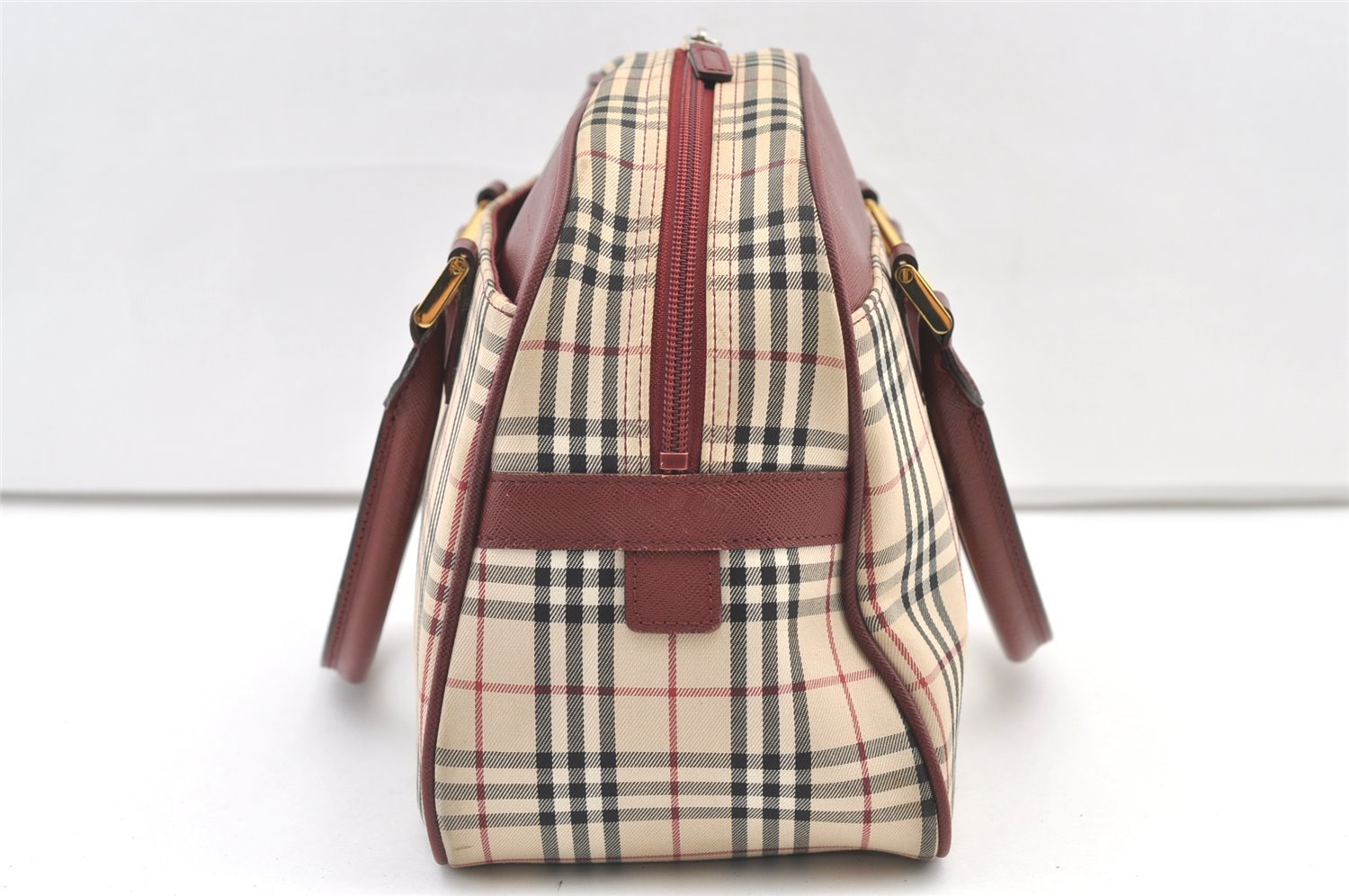 Authentic BURBERRY Vintage Nova Check Canvas Leather Hand Boston Bag Beige 1107K