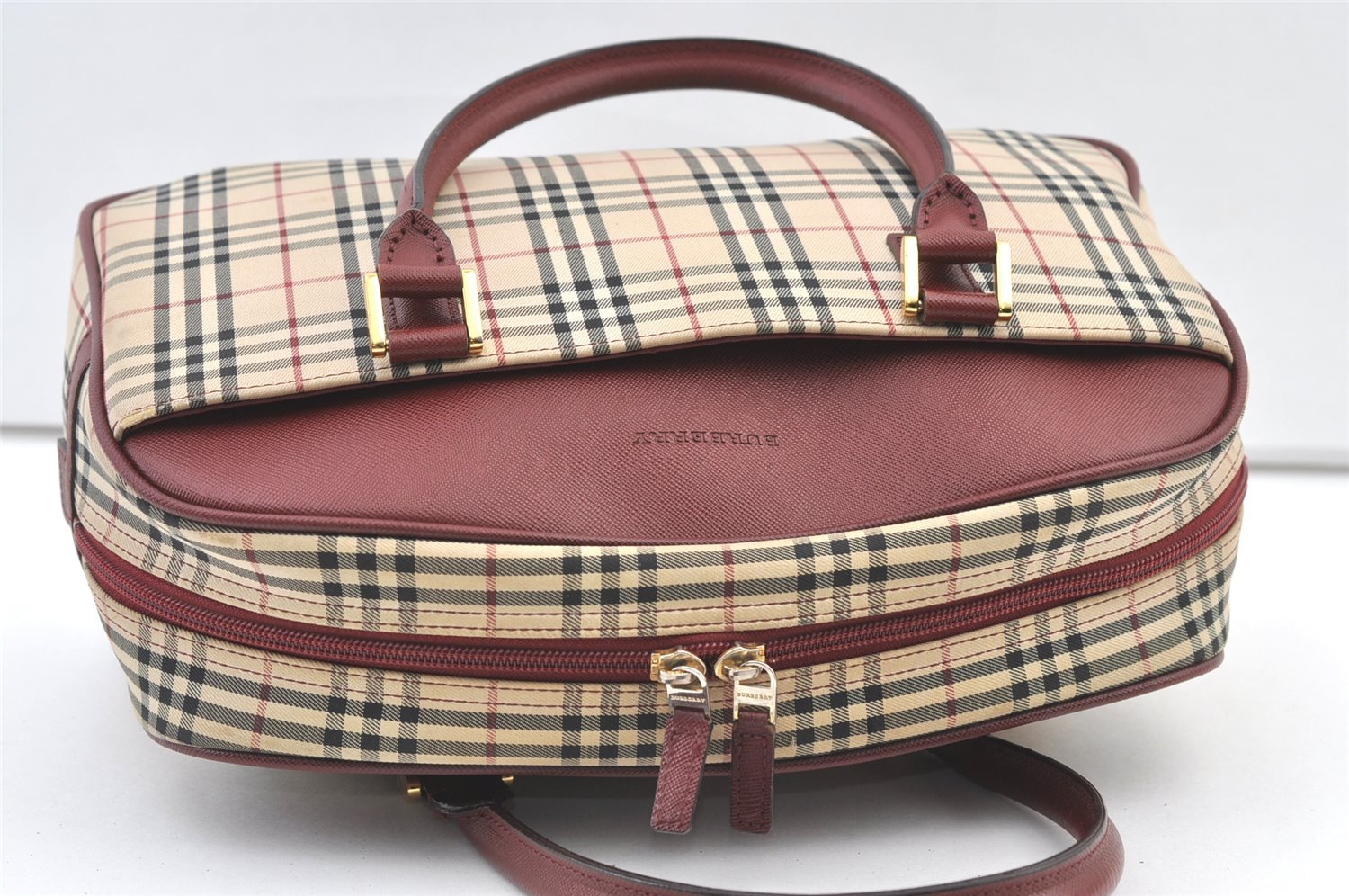Authentic BURBERRY Vintage Nova Check Canvas Leather Hand Boston Bag Beige 1107K