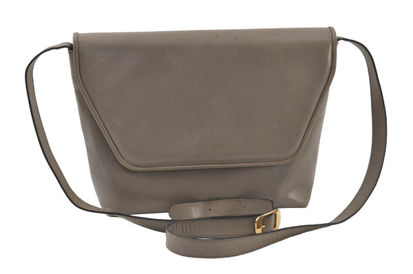 Authentic Salvatore Ferragamo Leather Shoulder Cross Body Bag Light Gray 1109J