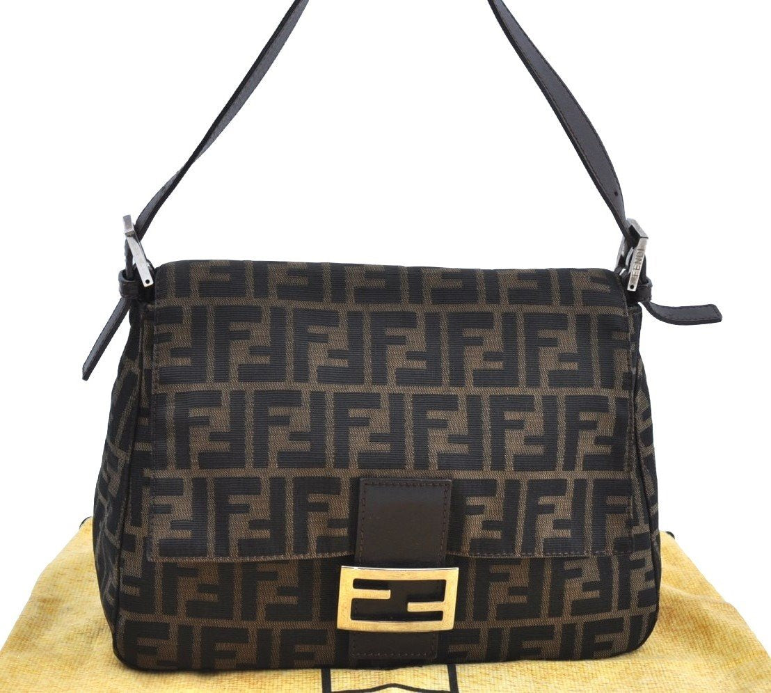 Authentic FENDI Zucca Mamma Baguette Shoulder Bag Canvas Leather Brown 1110I