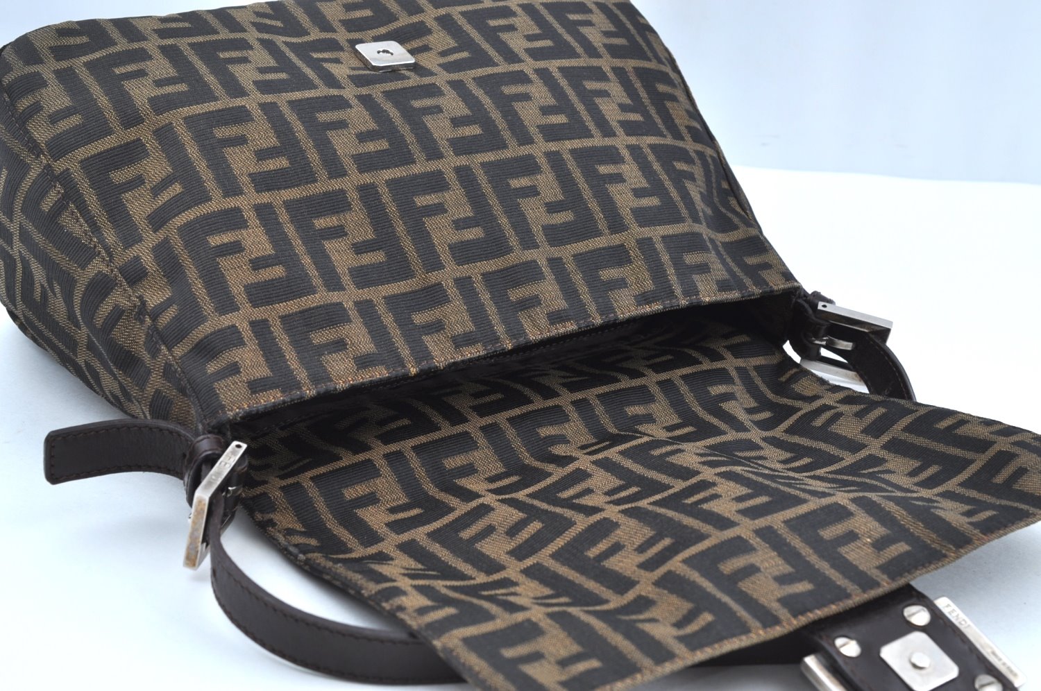 Authentic FENDI Zucca Mamma Baguette Shoulder Bag Canvas Leather Brown 1110I