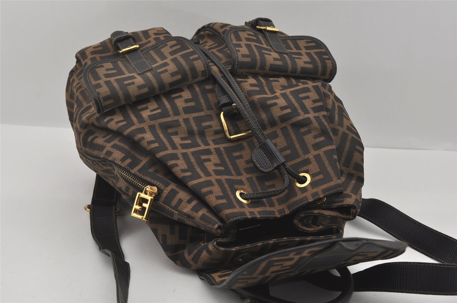 Authentic FENDI Vintage Zucca Backpack Purse Canvas Leather Brown 1111I