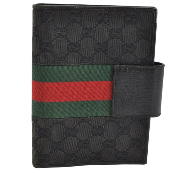 Auth GUCCI Web Sherry Line Agenda Notebook Cover GG Canvas Leather Black 1111K