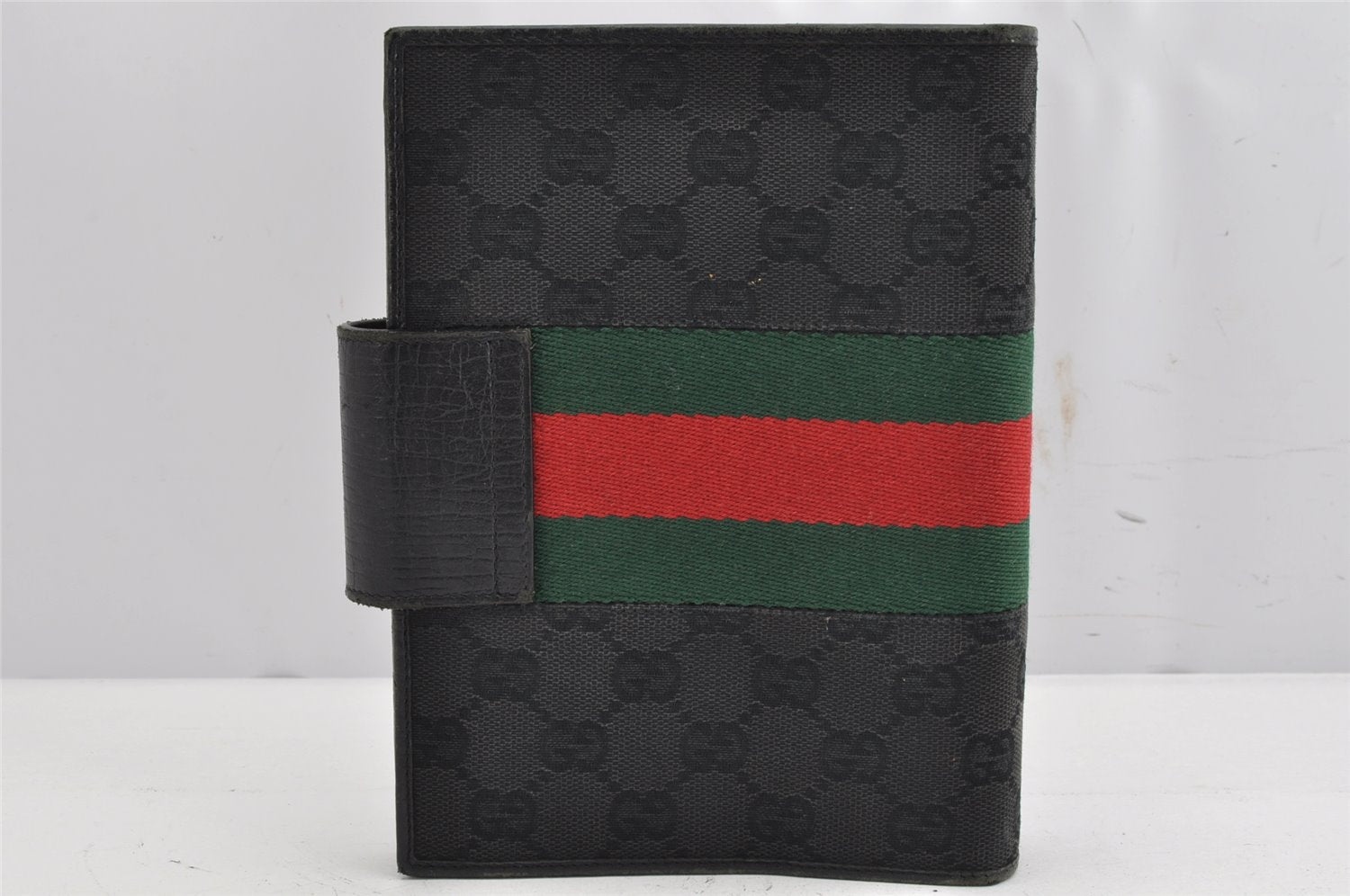 Auth GUCCI Web Sherry Line Agenda Notebook Cover GG Canvas Leather Black 1111K