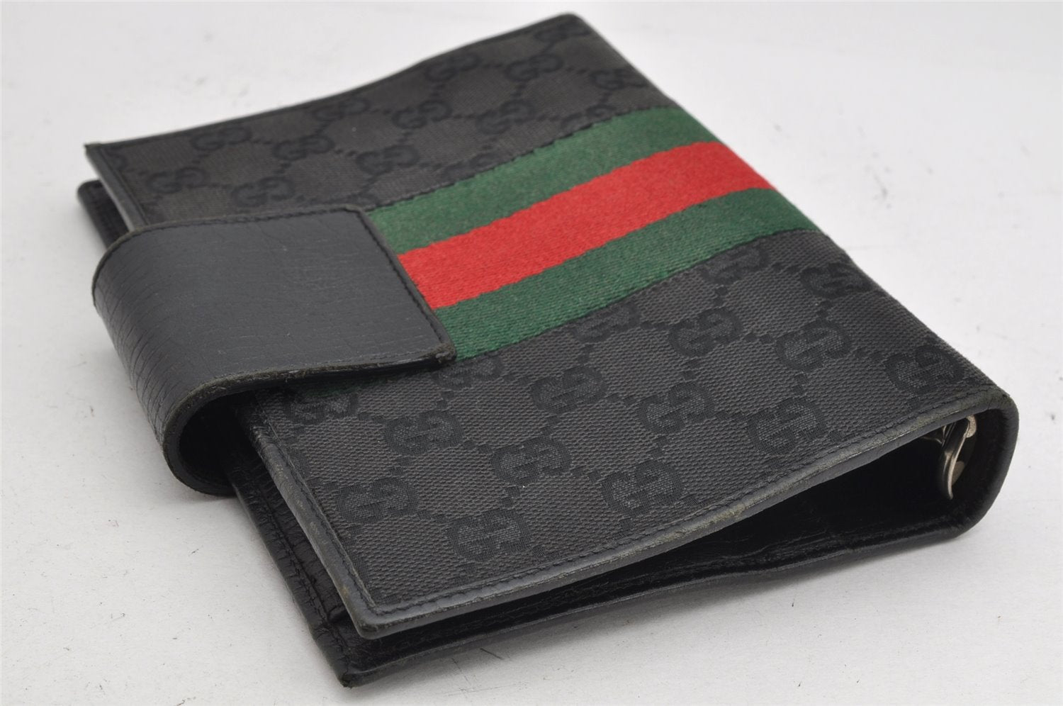 Auth GUCCI Web Sherry Line Agenda Notebook Cover GG Canvas Leather Black 1111K