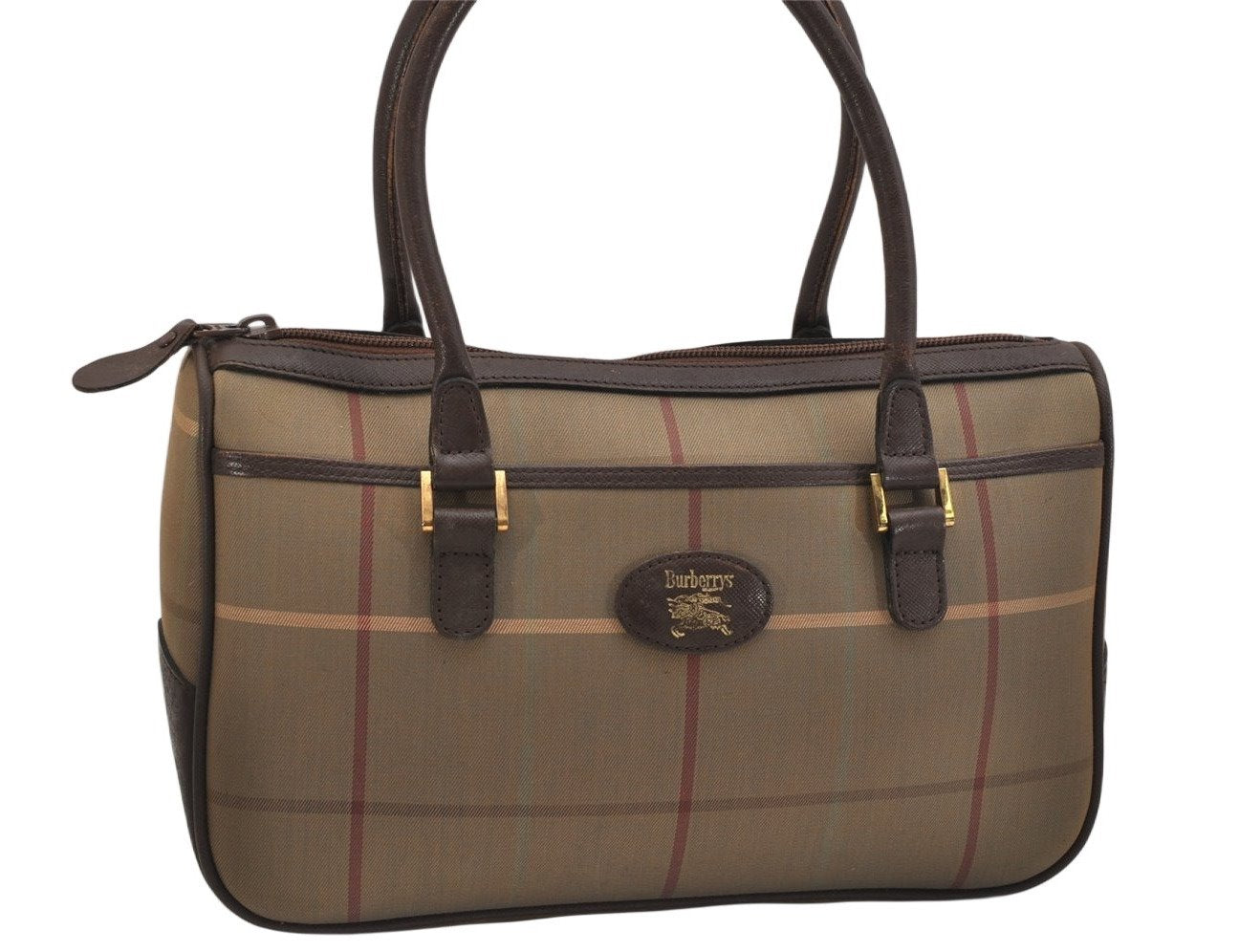 Authentic Burberrys Check Canvas Leather Shoulder Hand Bag Khaki Green 1116K