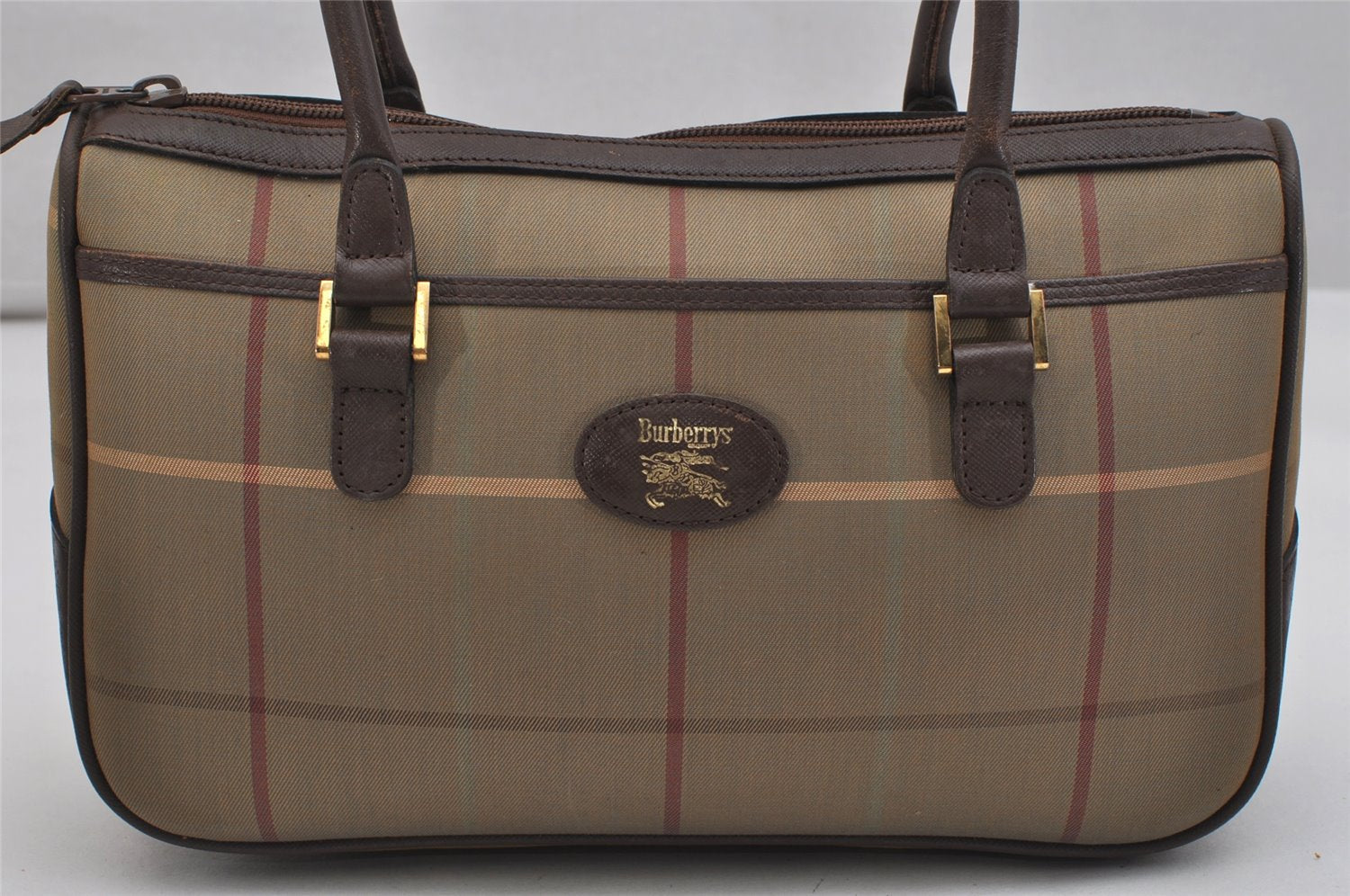 Authentic Burberrys Check Canvas Leather Shoulder Hand Bag Khaki Green 1116K