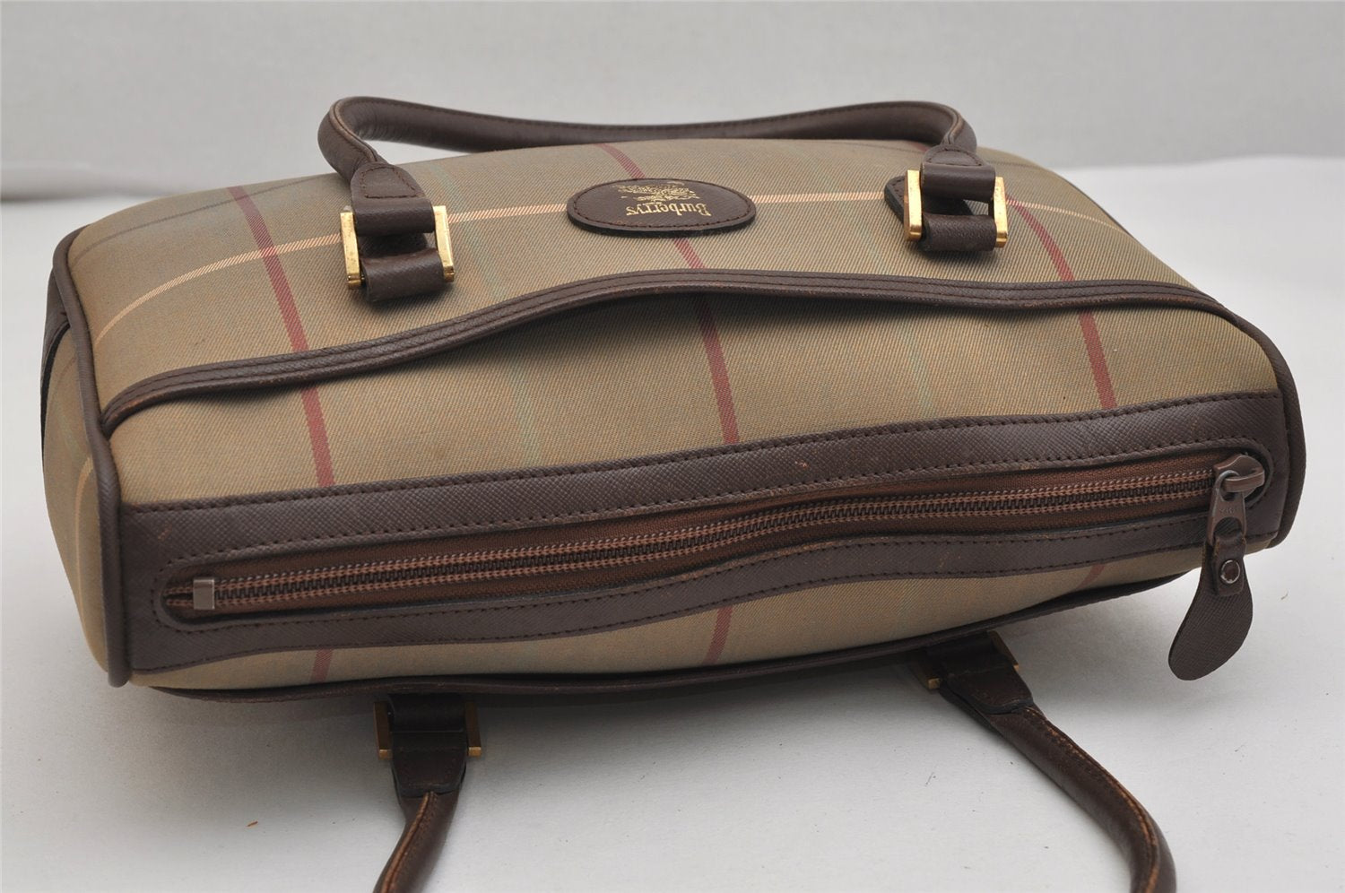 Authentic Burberrys Check Canvas Leather Shoulder Hand Bag Khaki Green 1116K