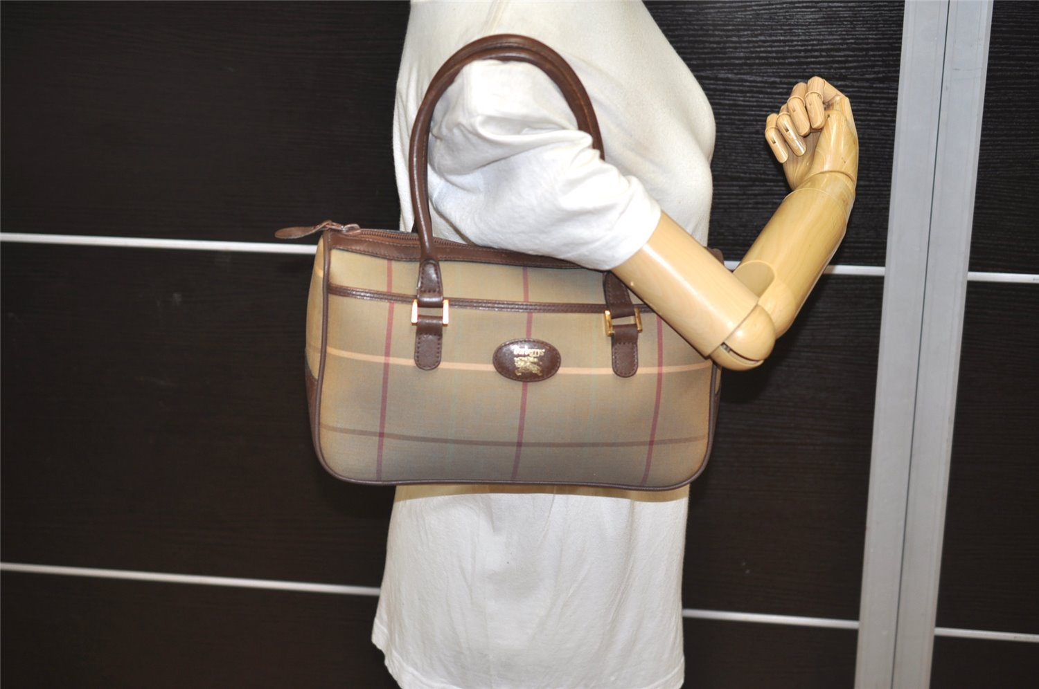 Authentic Burberrys Check Canvas Leather Shoulder Hand Bag Khaki Green 1116K
