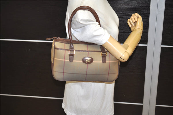 Authentic Burberrys Check Canvas Leather Shoulder Hand Bag Khaki Green 1116K