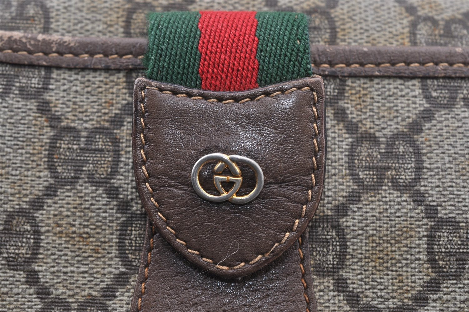 Authentic GUCCI Web Sherry Line Shoulder Bag GG PVC Leather Brown Junk 1117J