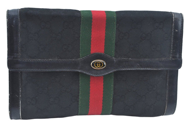 Authentic GUCCI Web Sherry Line 2Way Clutch Bag GG Canvas Leather Black 1120J