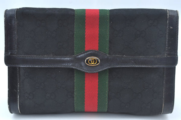 Authentic GUCCI Web Sherry Line 2Way Clutch Bag GG Canvas Leather Black 1120J