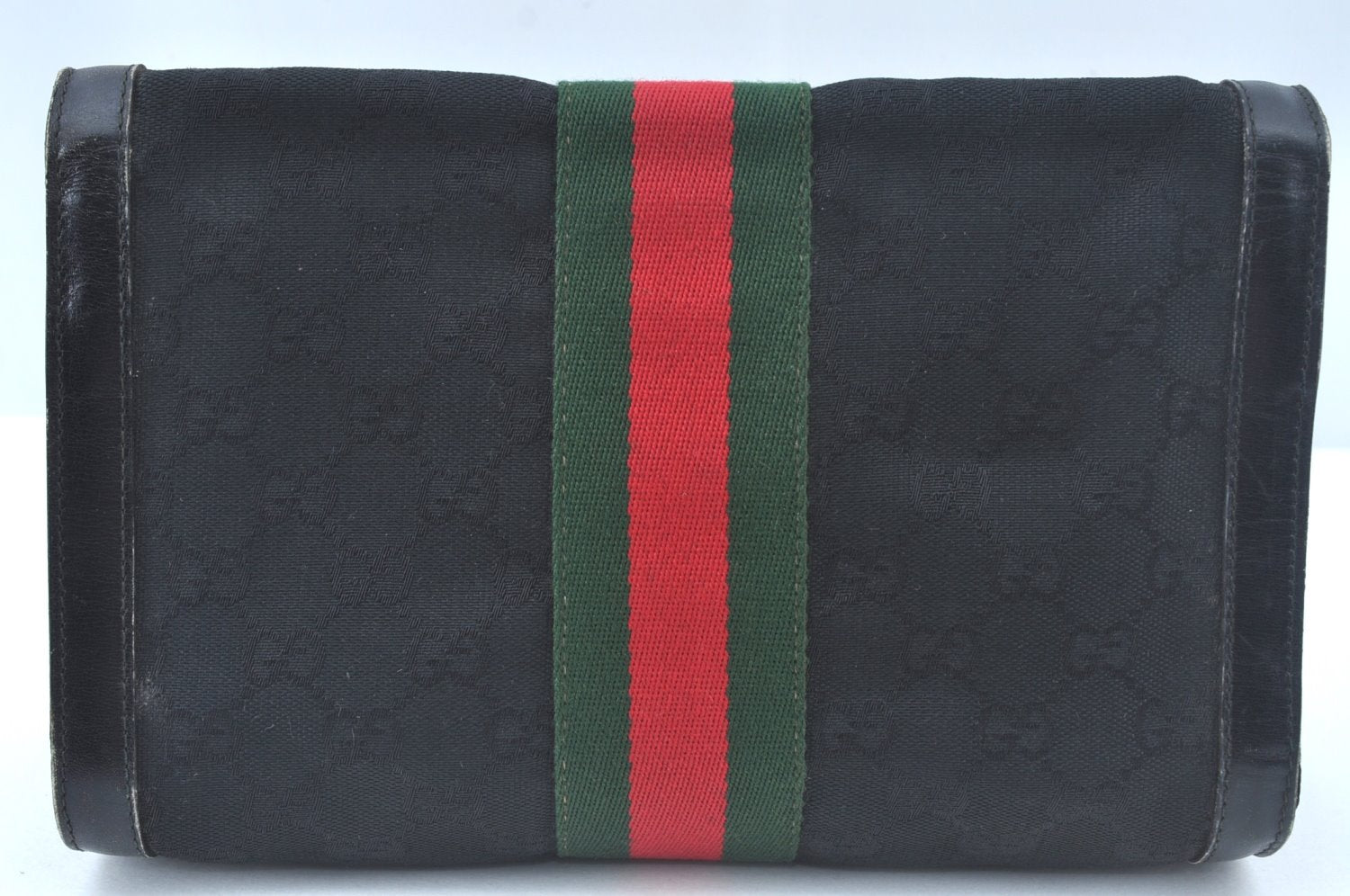 Authentic GUCCI Web Sherry Line 2Way Clutch Bag GG Canvas Leather Black 1120J
