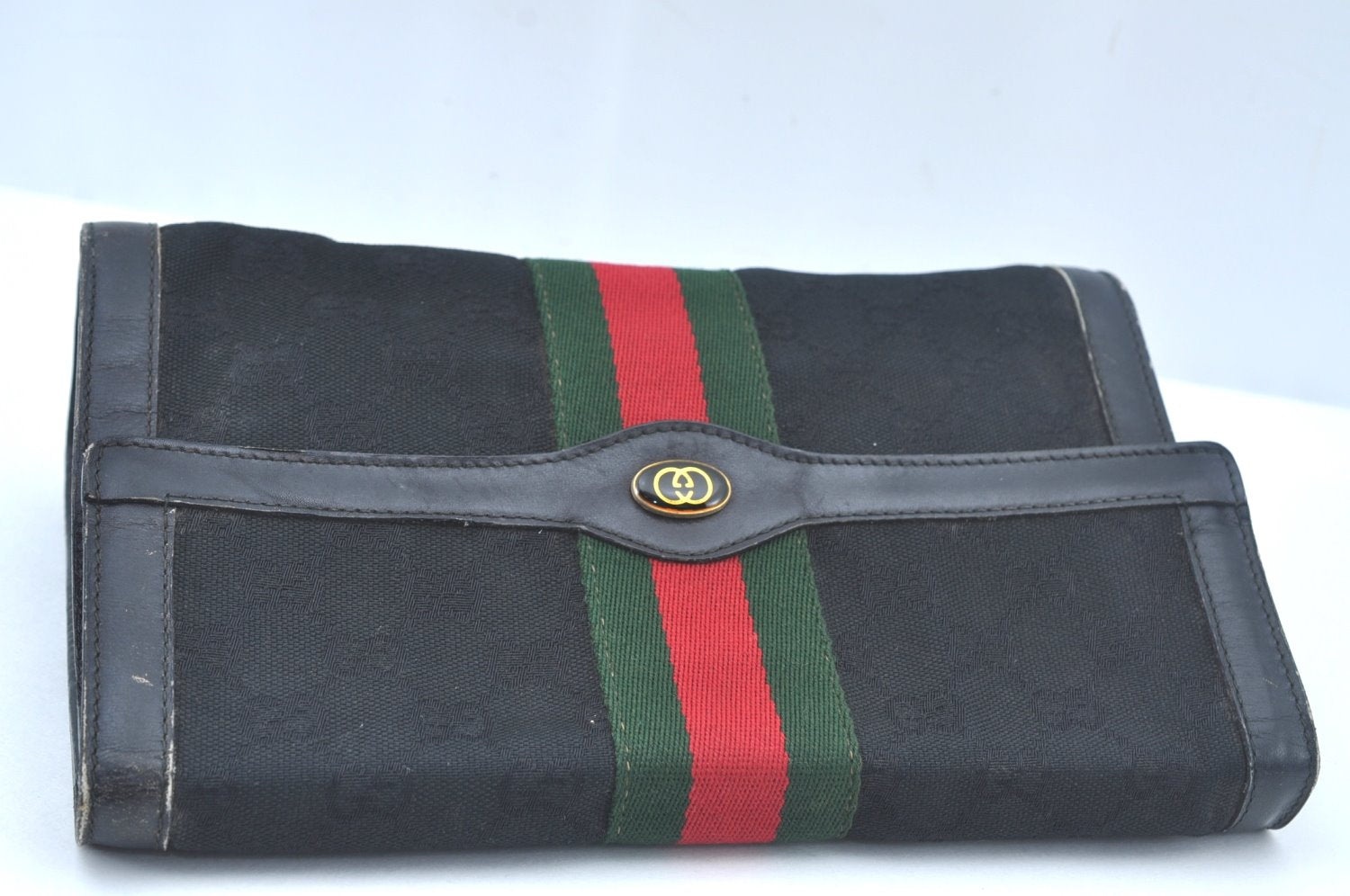 Authentic GUCCI Web Sherry Line 2Way Clutch Bag GG Canvas Leather Black 1120J