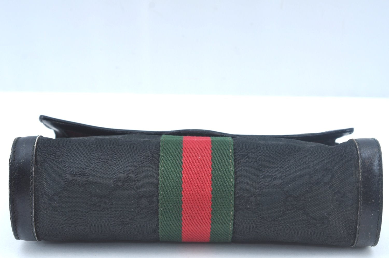 Authentic GUCCI Web Sherry Line 2Way Clutch Bag GG Canvas Leather Black 1120J