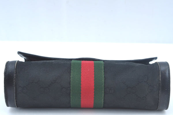 Authentic GUCCI Web Sherry Line 2Way Clutch Bag GG Canvas Leather Black 1120J