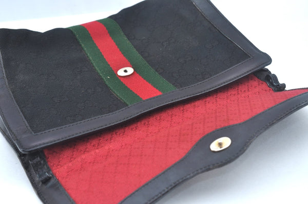Authentic GUCCI Web Sherry Line 2Way Clutch Bag GG Canvas Leather Black 1120J