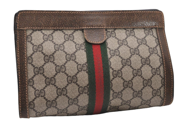 Authentic GUCCI Web Sherry Line Clutch Hand Bag Purse GG PVC Leather Brown 1121J