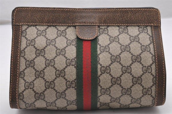 Authentic GUCCI Web Sherry Line Clutch Hand Bag Purse GG PVC Leather Brown 1121J