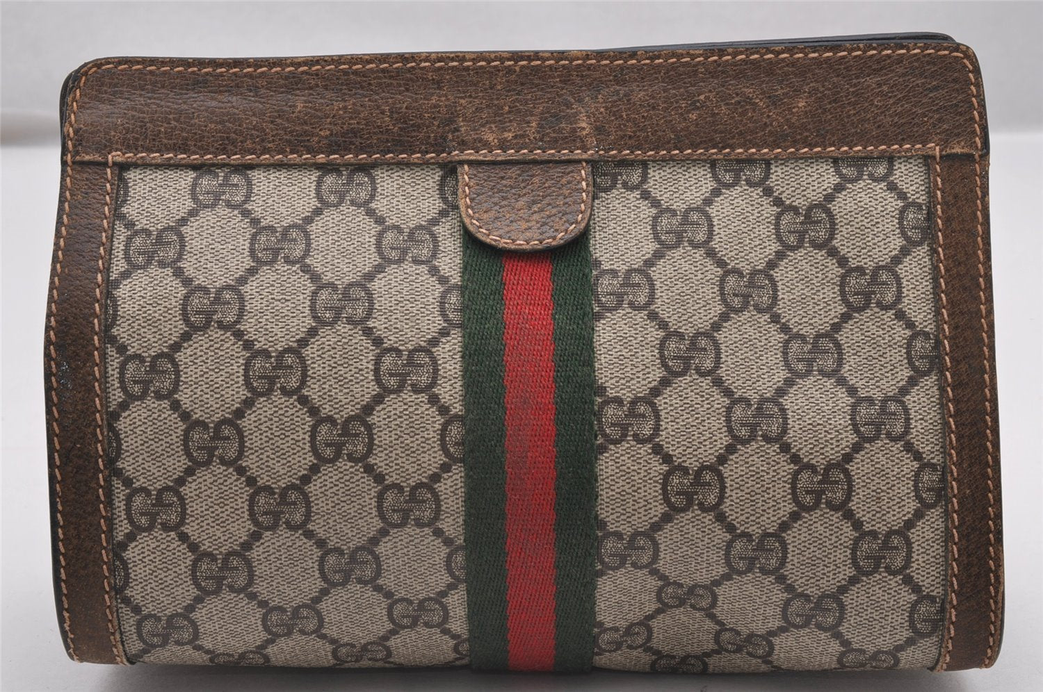 Authentic GUCCI Web Sherry Line Clutch Hand Bag Purse GG PVC Leather Brown 1121J
