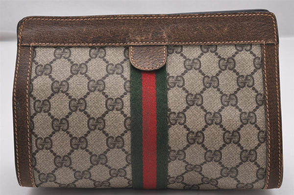 Authentic GUCCI Web Sherry Line Clutch Hand Bag Purse GG PVC Leather Brown 1121J
