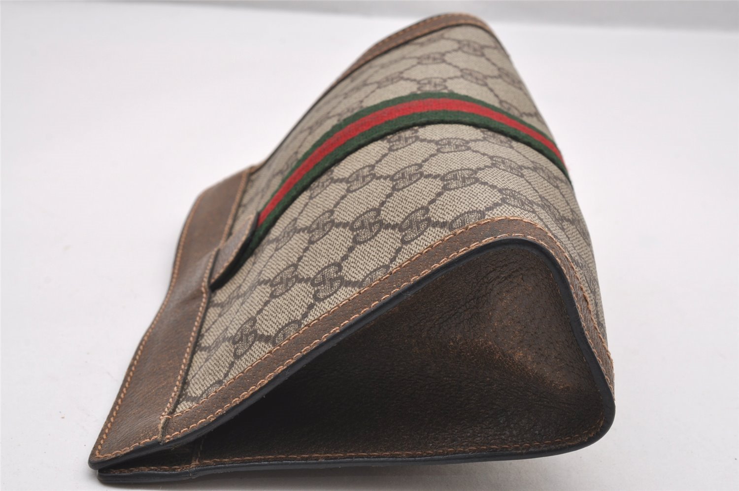 Authentic GUCCI Web Sherry Line Clutch Hand Bag Purse GG PVC Leather Brown 1121J