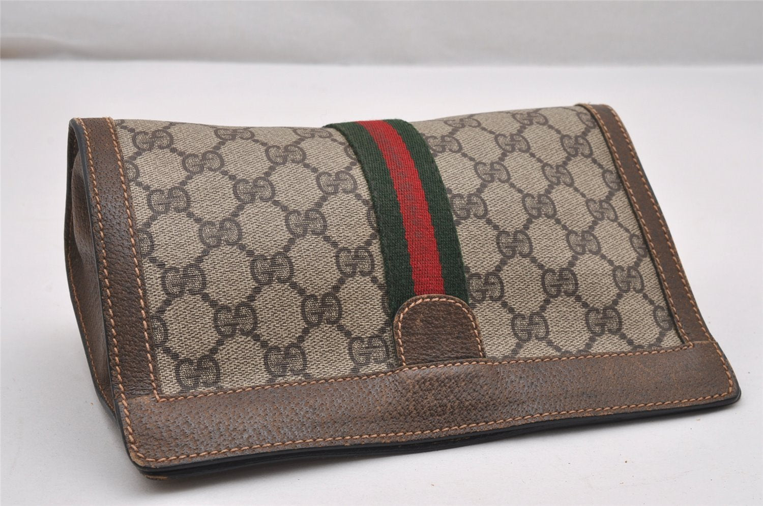 Authentic GUCCI Web Sherry Line Clutch Hand Bag Purse GG PVC Leather Brown 1121J