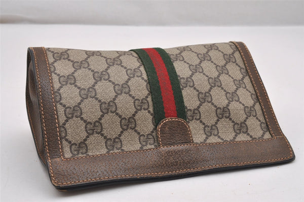 Authentic GUCCI Web Sherry Line Clutch Hand Bag Purse GG PVC Leather Brown 1121J