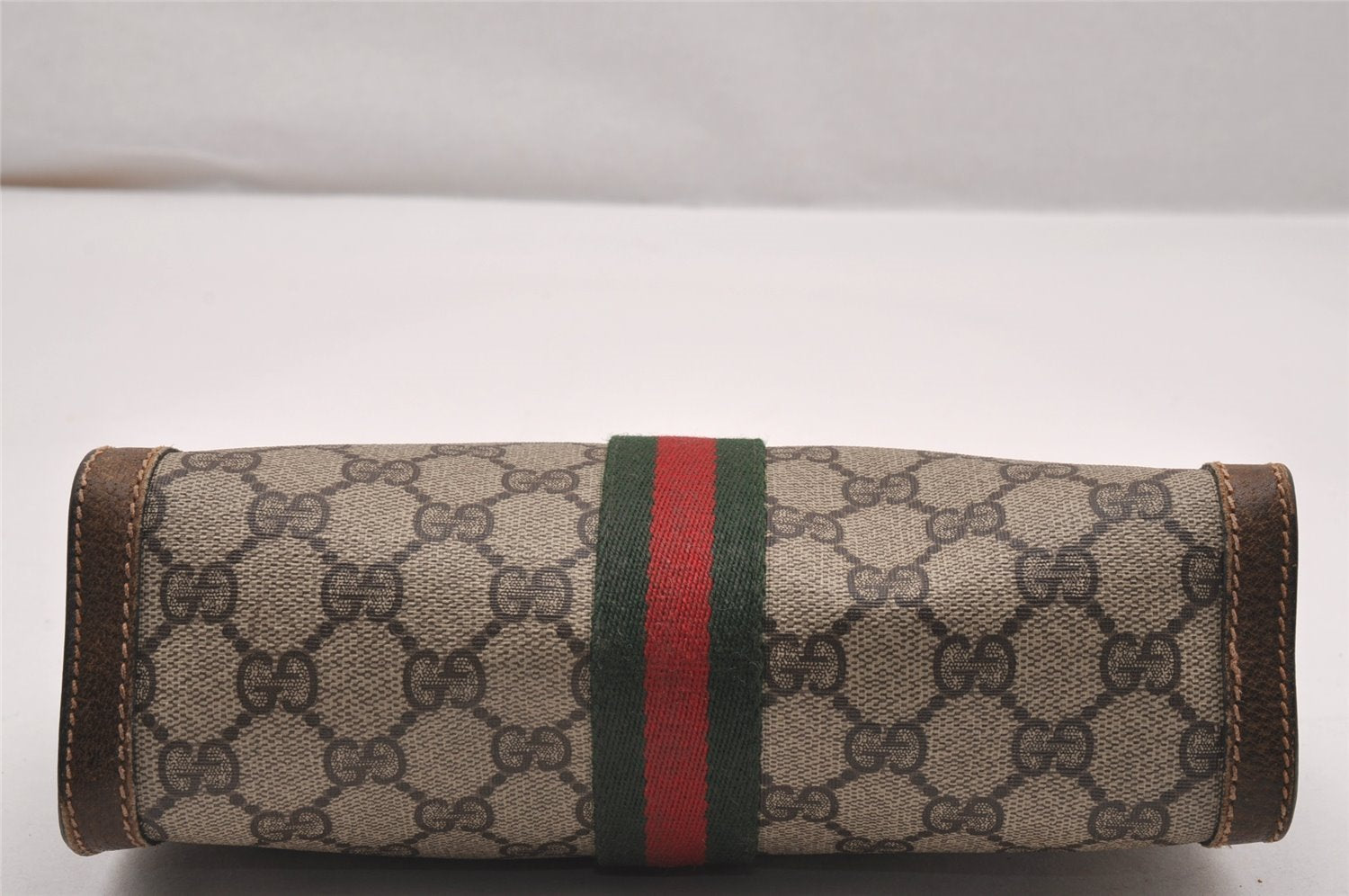Authentic GUCCI Web Sherry Line Clutch Hand Bag Purse GG PVC Leather Brown 1121J
