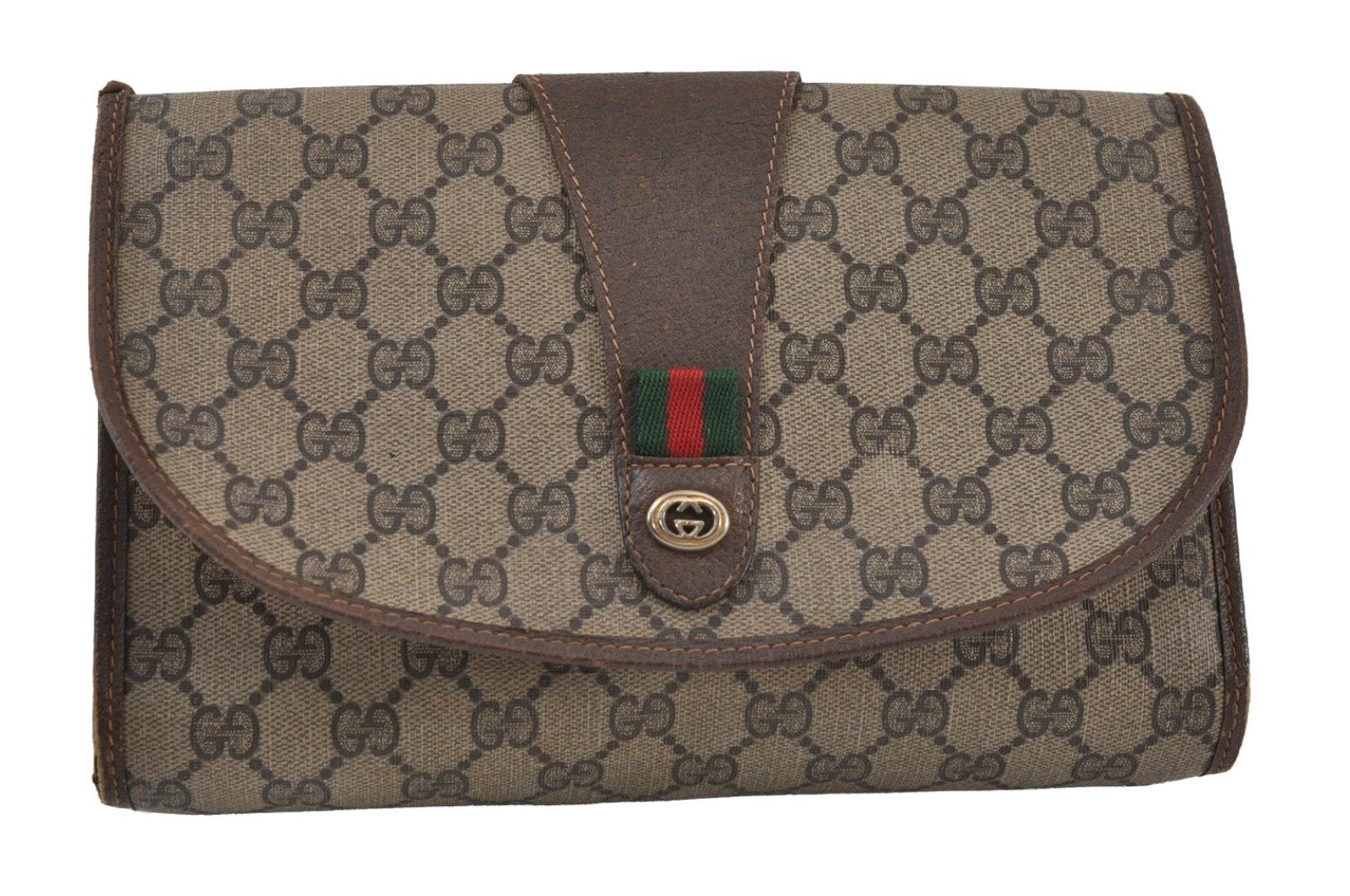 Authentic GUCCI Web Sherry Line Clutch Hand Bag GG PVC Leather Brown Junk 1122J