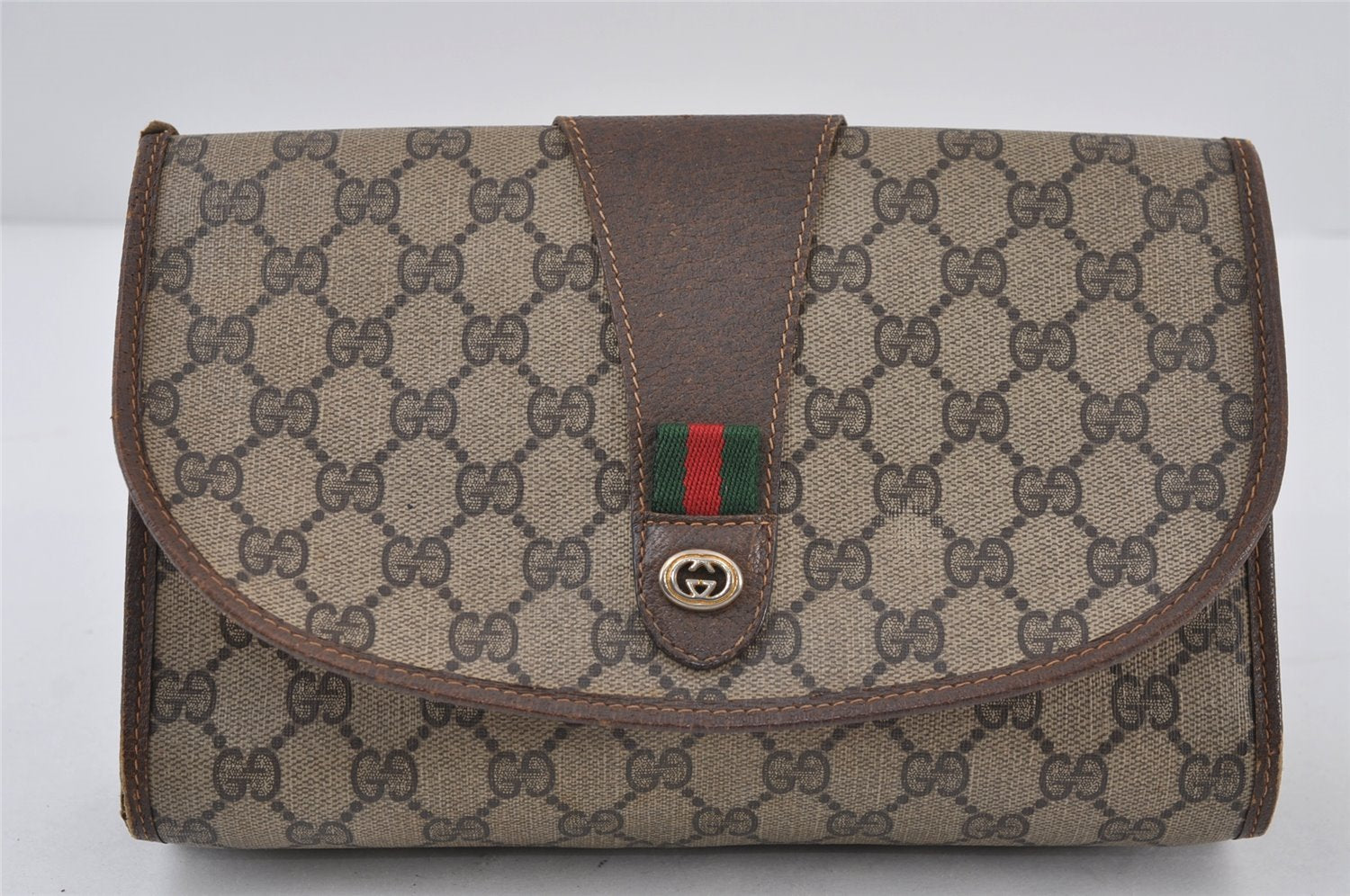 Authentic GUCCI Web Sherry Line Clutch Hand Bag GG PVC Leather Brown Junk 1122J
