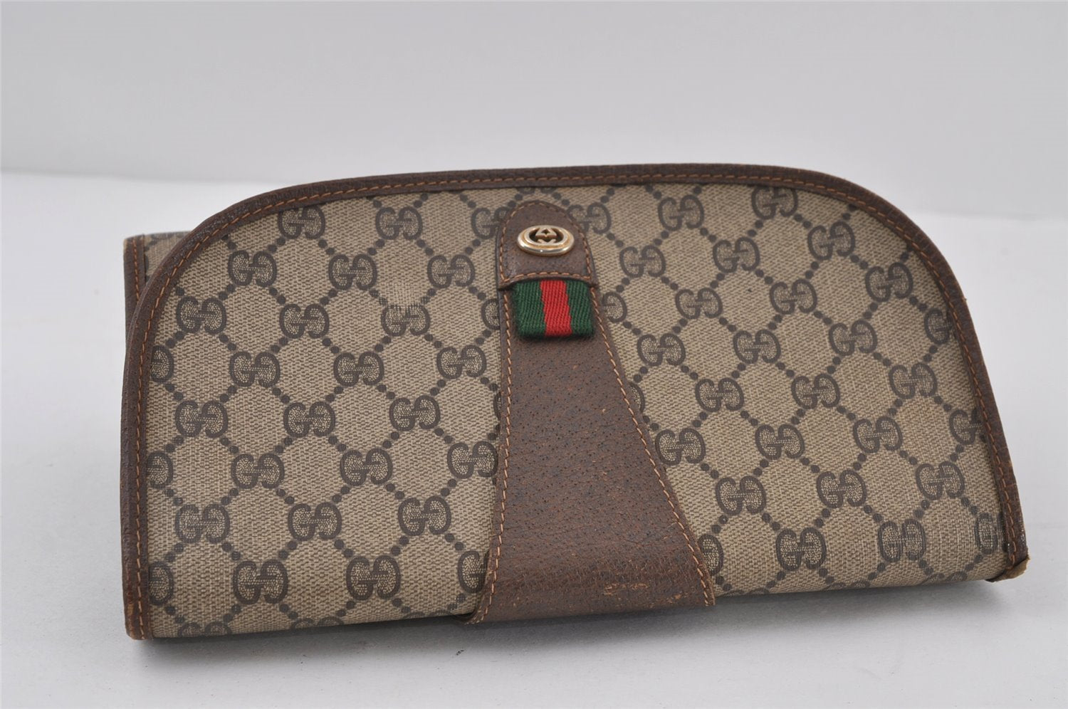 Authentic GUCCI Web Sherry Line Clutch Hand Bag GG PVC Leather Brown Junk 1122J