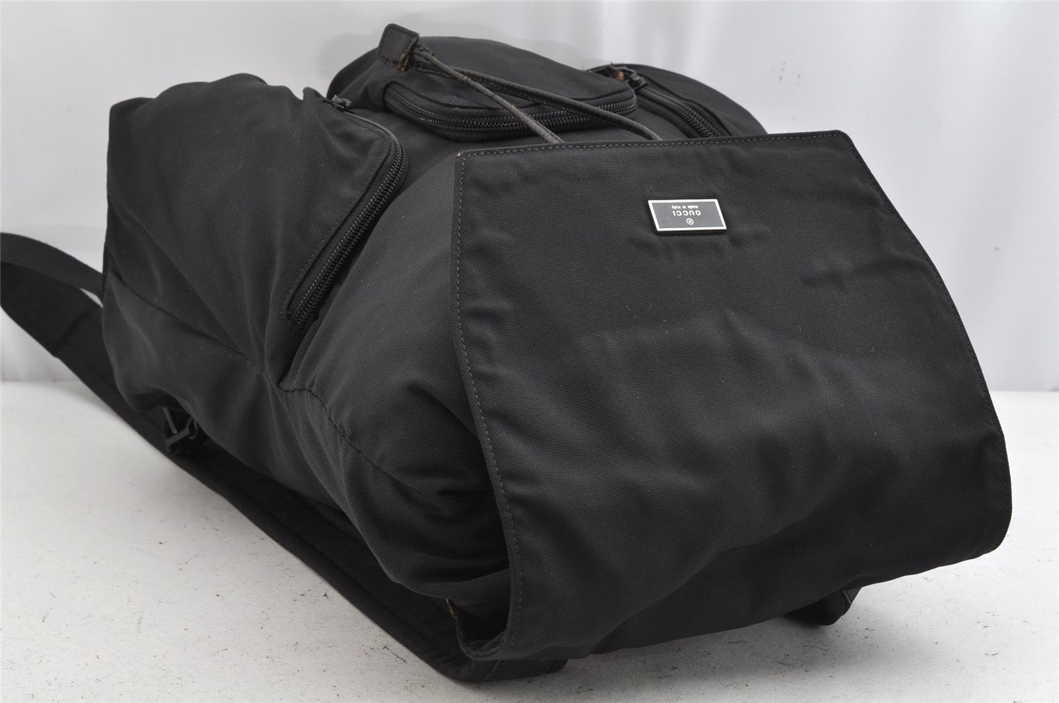 Authentic GUCCI Vintage Drawstring Backpack Nylon Leather Black 1122K