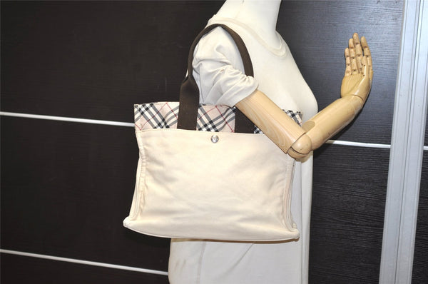 Authentic BURBERRY BLUE LABEL Check Hand Tote Bag Canvas Nylon White 1129K