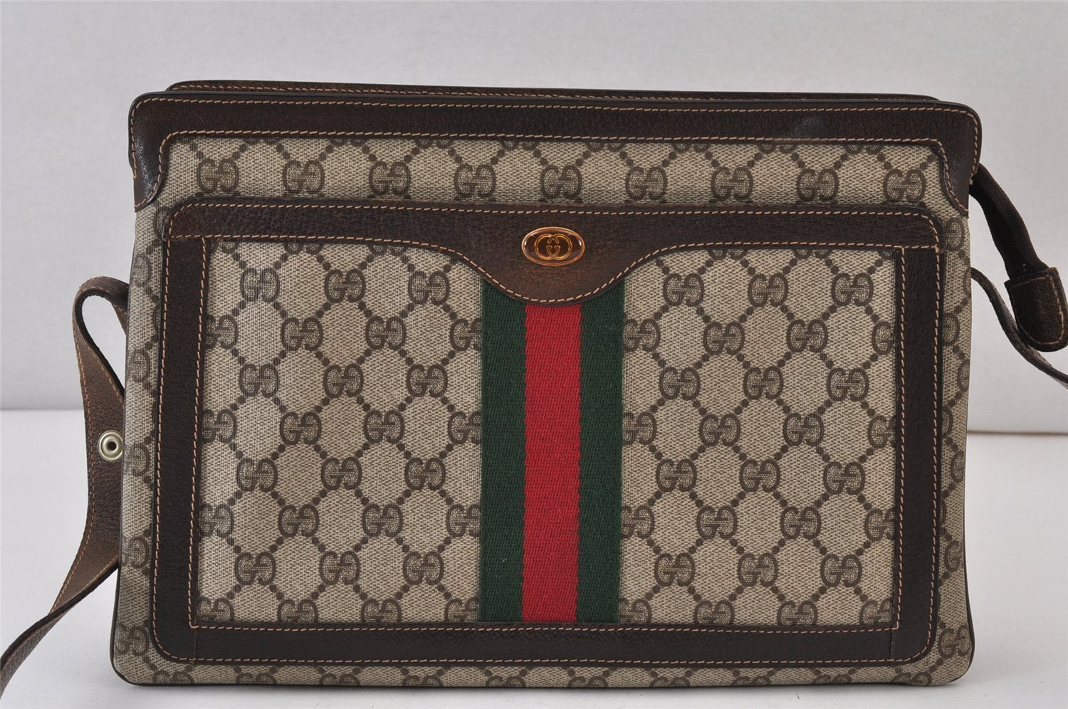 Authentic GUCCI Web Sherry Line Shoulder Bag GG PVC Leather Brown Junk 1132K