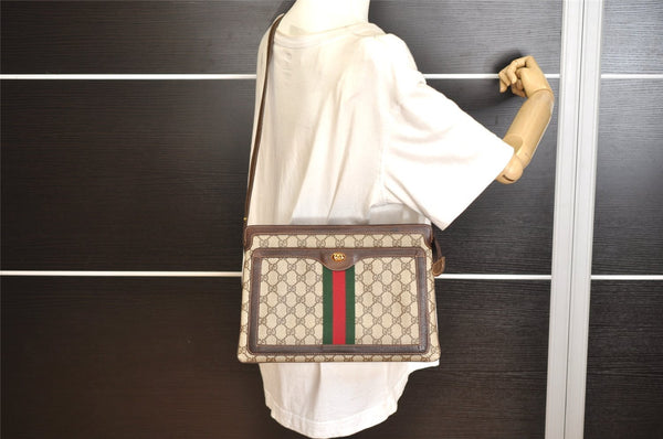 Authentic GUCCI Web Sherry Line Shoulder Bag GG PVC Leather Brown Junk 1132K