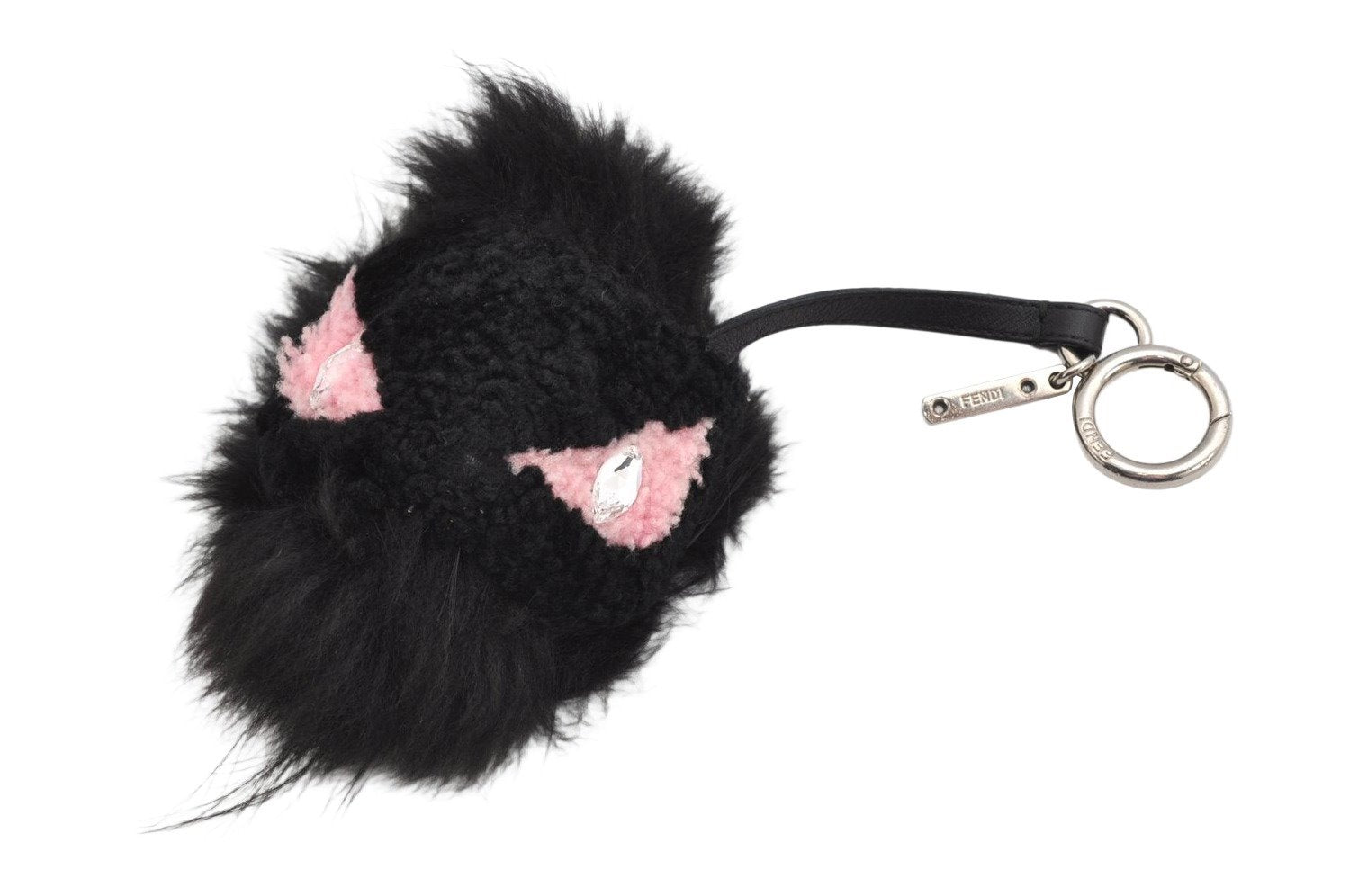 Authentic FENDI Monster Eye Bag Bugs Bag Charm Fur Leather Black Pink 1139K