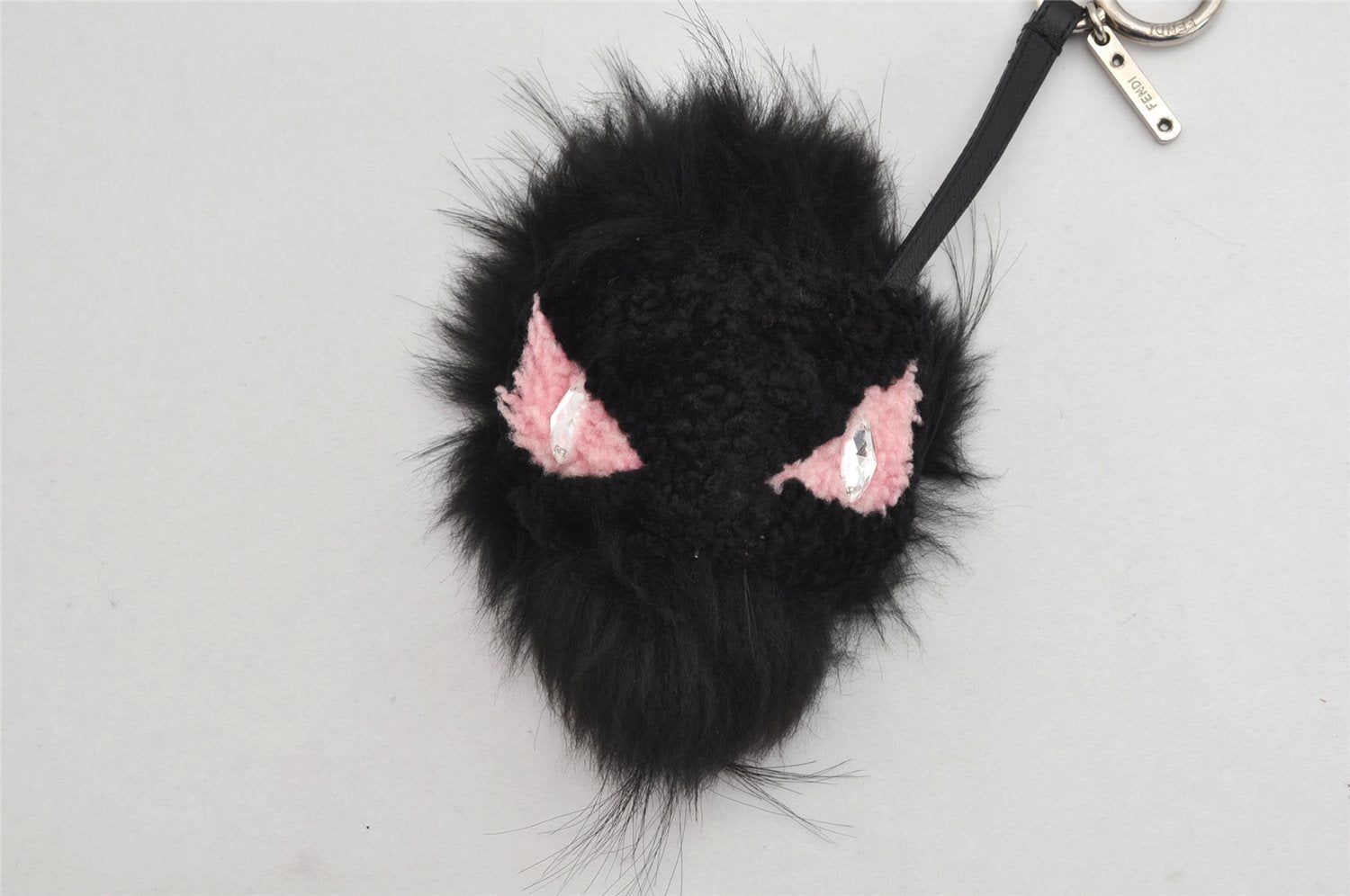 Authentic FENDI Monster Eye Bag Bugs Bag Charm Fur Leather Black Pink 1139K