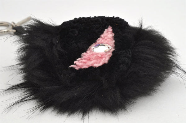 Authentic FENDI Monster Eye Bag Bugs Bag Charm Fur Leather Black Pink 1139K