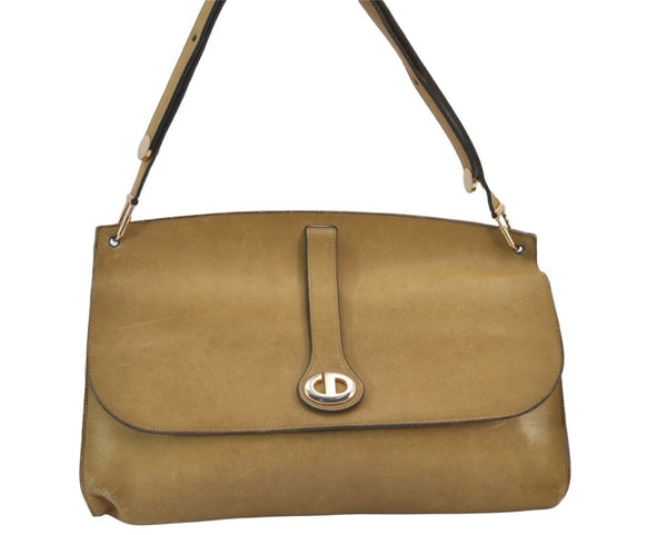 Authentic Christian Dior Vintage Shoulder Hand Bag Purse Leather Khaki 1141K