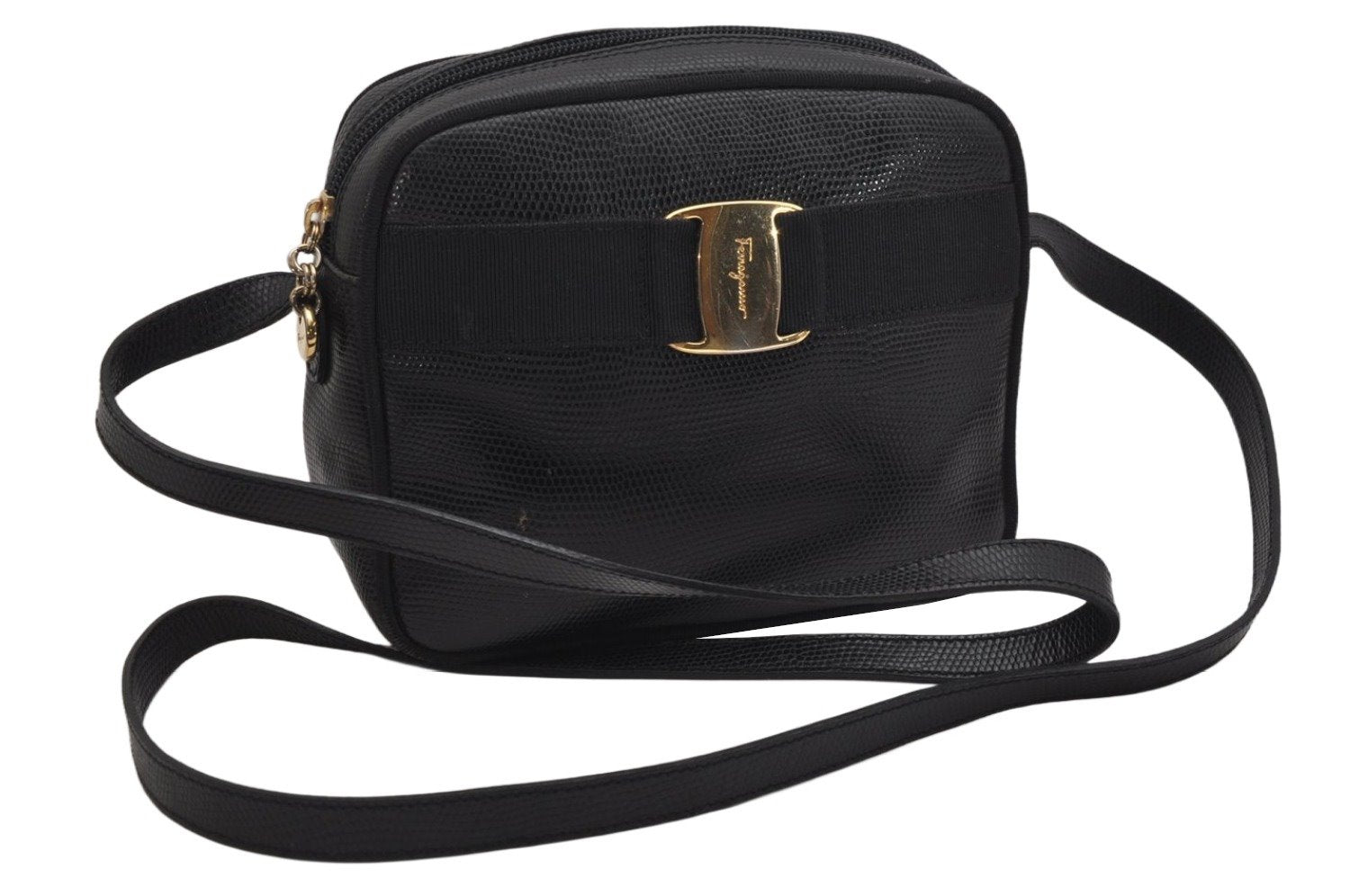 Authentic Salvatore Ferragamo Vara Shoulder Cross Bag Leather Black SF 1142K