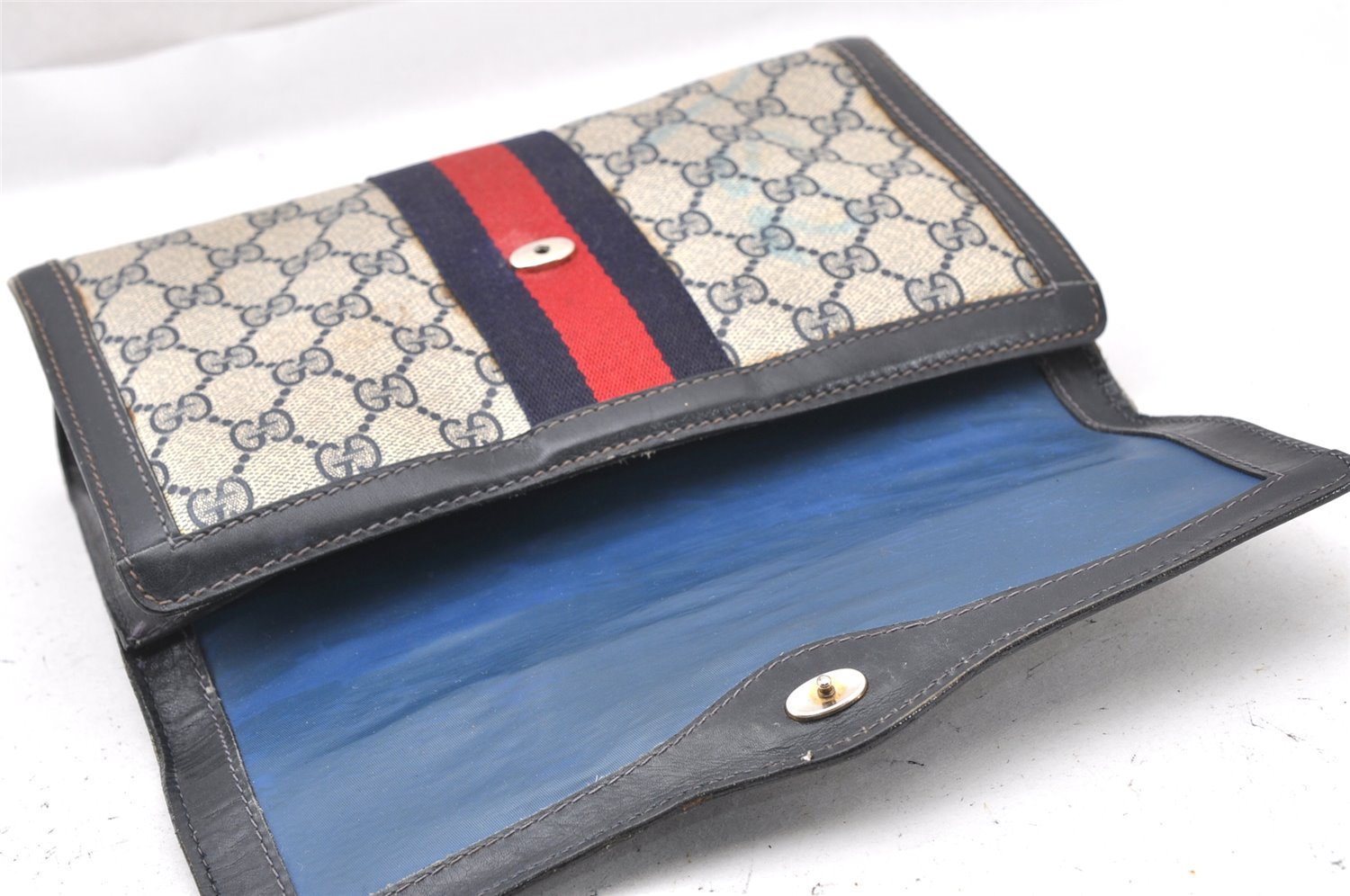 Authentic GUCCI Sherry Line Clutch Hand Bag Purse GG PVC Leather Navy Blue 1145I