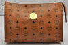 Authentic MCM Visetos Leather Vintage Clutch Hand Bag Purse Brown 1150K